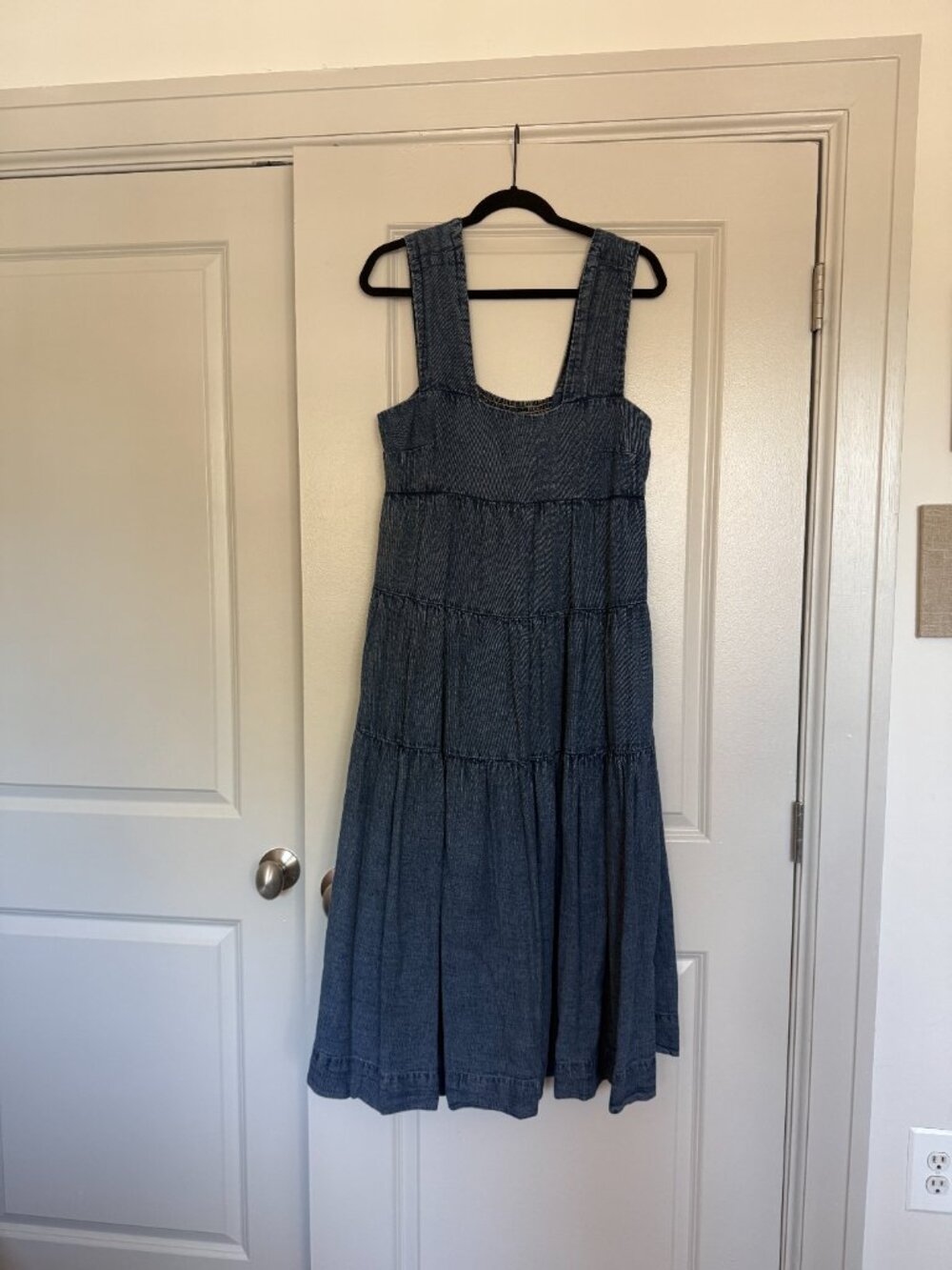 Anthropologie Denim Midi Dress Helena Tiered Smocked Square Neck Pinafore M - Picture 2 of 4